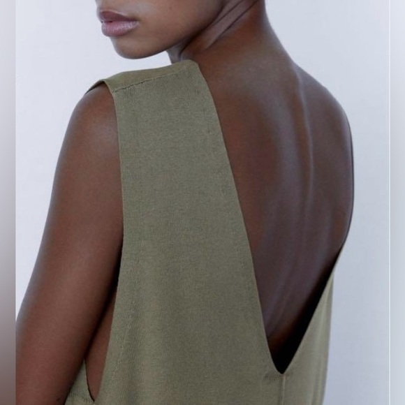 Women’s ZARA oversized kaki green knit deep V open back maxi dress Size small - Picture 14 of 15